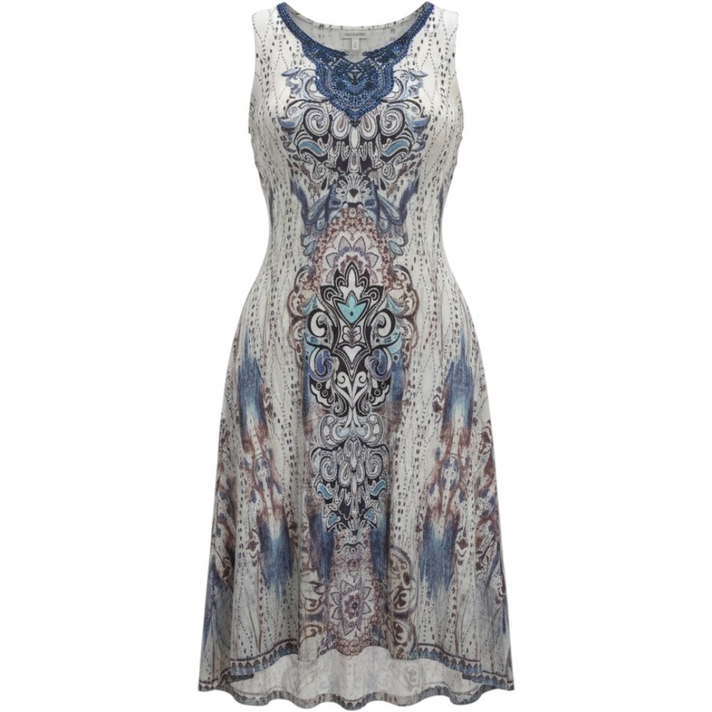 World Unity Women Sleeveless Boho Paisley Medallion Midi Dress Blue Cream Large